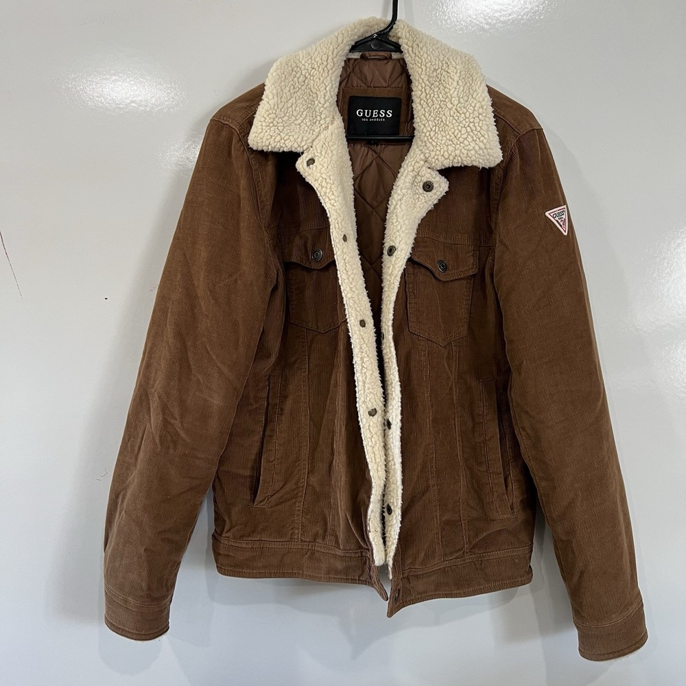 GUESS Men's Corduroy Sherpa Jacket Brown Trucker Bomber Quilted Lined